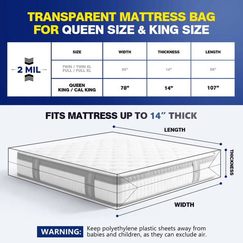 Two Pack Mattress Bags For Moving And Storage Fits King Or Queen Size Waterproof Tear Resistant 2 Mil Heavy Duty Mattress Covers 107 By 78 By 14 Inches Airtight Dust And Moisture Protection with size chart display.