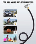 Upgraded Tire Inflator Hose Adapter With 360 Degree Rotating End 21 Inch Inflation Hose Self Locking Air Chuck shown with attachments for cars, bikes, balls, and inflatables.