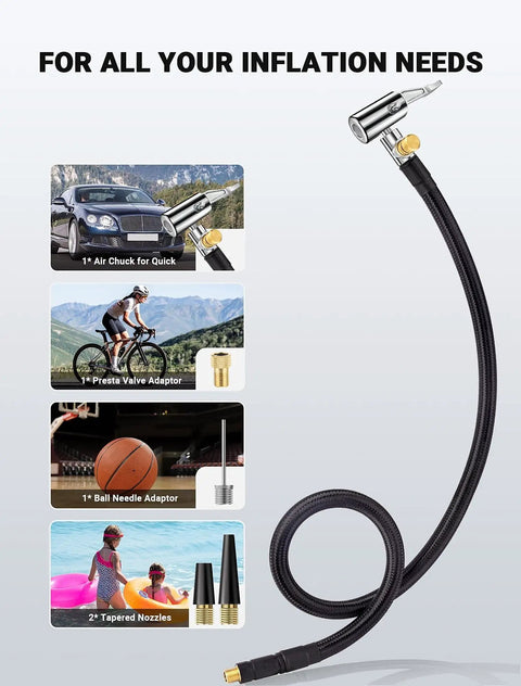 Upgraded Tire Inflator Hose Adapter With 360 Degree Rotating End 21 Inch Inflation Hose Self Locking Air Chuck shown with attachments for cars, bikes, balls, and inflatables.
