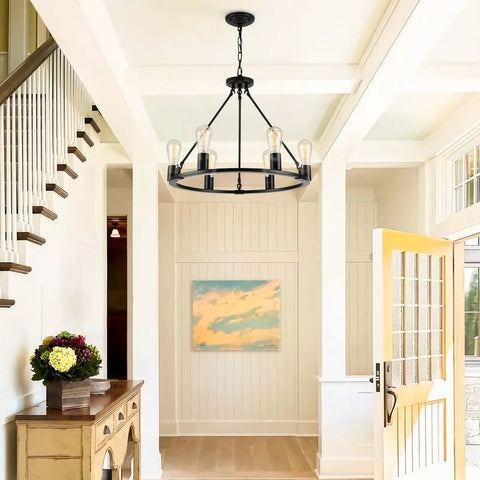 Entrance with Black Wagon Wheel Chandelier, 6-Light Rustic Modern Farmhouse Pendant for Dining Room Over Table, 23.6 Inch Ceiling Fixture