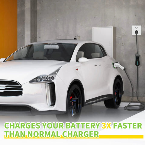 Premium Level 1 EV Charger With Slick Plug And Play Nema 5 15 Adapter charging a white electric vehicle in a garage setting.