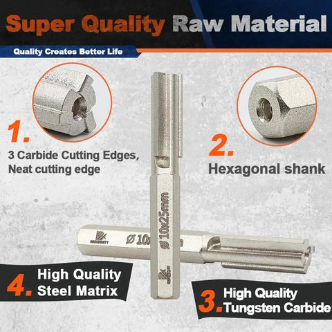 Pro Grade Carbide Brick Mortar Grout Cutter Bit, 10 mm Diameter By 25 mm Length, Hex Shank For Hand Drill, Mortar Raking Bit For Cleaning Old Joints And Grout Residue, Durable D I Y Ready Pack Of Two on textured background with cutting edge details.