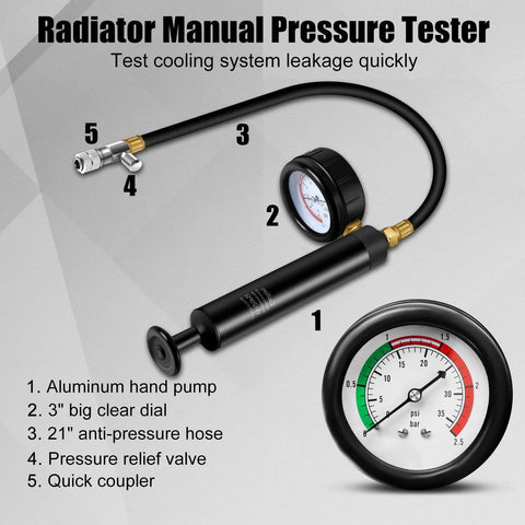 5-piece automotive radiator pressure tester kit with aluminum hand pump, 3-inch dial gauge, 21-inch hose, black.