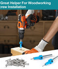 8mm Round Shank Countersink Drill Bit Set for Woodworking in use, with screws and drill bits displayed on a workshop bench.