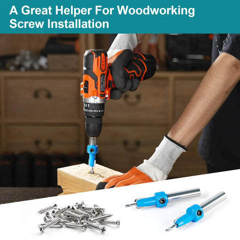 8mm Round Shank Countersink Drill Bit Set for Woodworking in use, with screws and drill bits displayed on a workshop bench.