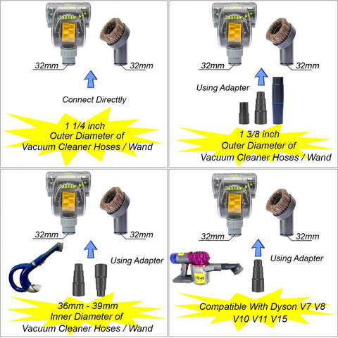 Pet Hair Be Gone Vacuum Attachment Cleaning Tool showing adapter compatibility with various hose sizes and Dyson models.