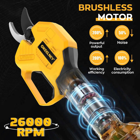 Electric Pruning Shears For 20V Max Battery Brushless Cordless Branch Cutter with exposed motor mechanism and stats