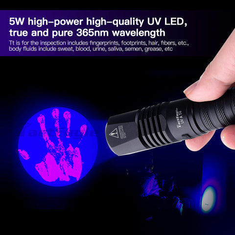 365Nm UV Flashlight Beast Workhorse illuminating handprint for forensic detection, with high-power 365nm wavelength in use.