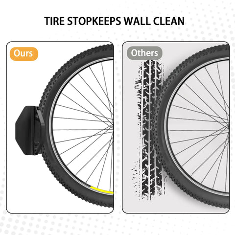 Rock Solid Swivel Bike Wall Mount Rack for Garage with rubber coated hooks and tire stop shown compared to others