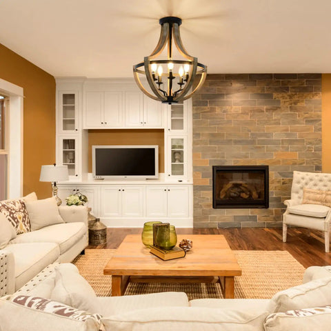Living room with Solid Wood Modern Farmhouse 5 Light Chandelier For Dining Room And Kitchen Island Adjustable Height Brown Finish Rustic Chic Pendant Lighting For Living Room Foyer Over Table Handcrafted And Eco Friendly.