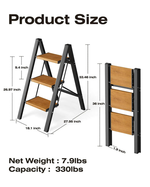 3 Step Aluminum Folding Ladder With Anti Slip Wide Pedals, Ultra Lightweight And Sturdy, Holds Up To 330 Pounds, shown open and folded
