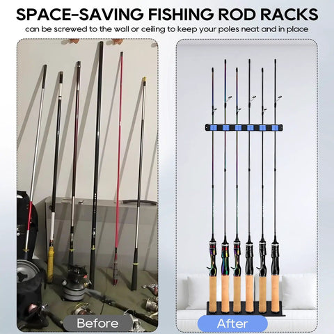 Before and after comparison of Durable Wall Mount Fishing Rod Holders 1 Pair Vertical Blue Rod Racks showing organized storage for six poles.