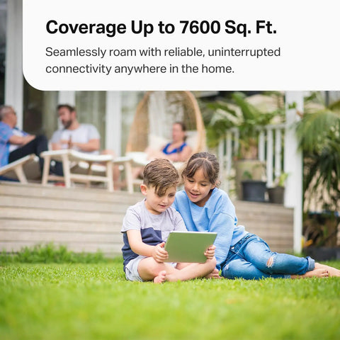 Children playing on tablet outdoors, highlighting Deco 7 Pro Tri Band WiFi 7 Mesh System for whole home coverage up to 7600 sq ft.