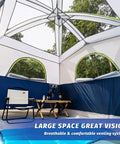 Interior view of dark blue Spacious 6 Person Waterproof Family Tent with mesh windows and ceiling, showcasing ample space and setup