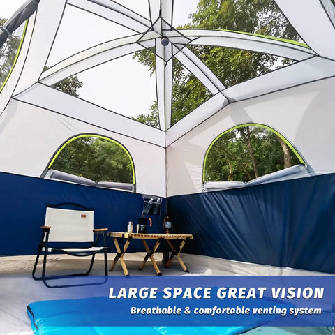 Interior view of dark blue Spacious 6 Person Waterproof Family Tent with mesh windows and ceiling, showcasing ample space and setup
