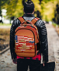 Person wearing Unisex Flag And National Landmarks Printed Backpack showing USA landmarks and flag pattern, large capacity daypack.
