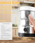 Smooth Electric Burr Coffee Grinder And Stainless Steel Spice Mill For Beans Peppers Herbs With Lightning Fast One Button Grinding And A Roomy 300ml Catch Cup Major Kitchen Flex, 17 cm tall and 10.5 cm wide.