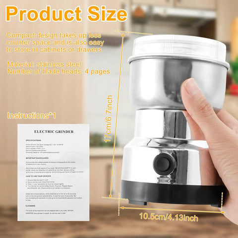 Smooth Electric Burr Coffee Grinder And Stainless Steel Spice Mill For Beans Peppers Herbs With Lightning Fast One Button Grinding And A Roomy 300ml Catch Cup Major Kitchen Flex, 17 cm tall and 10.5 cm wide.