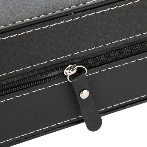 Close-up of the zipper detail on Top Shelf 10 Grid Watch Storage Box With Cushioned Dividers For Organizing Your Cool Watch Collection On The Go Or Desk Display Plus Ring Holder And Travel Essentials Case.