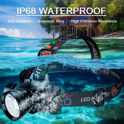 Powerful 3000 Lumen Dive Headlamp With IP68 Waterproof Build under water near a tropical coastline, highlighting aluminum alloy.