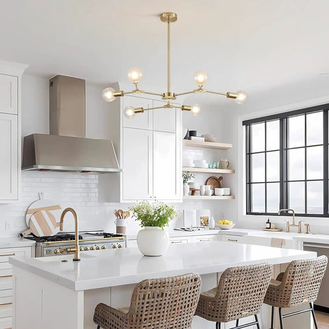 Modern Sputnik Chandelier In Brushed Brass With Six Light Gold Finish Hanging Pendant For Living Room Industrial Style