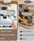 Dual Sided Sliding Mat With Anti Slip Top And Smooth Bottom For 870XL Espresso Machine Includes Hanging Strap Easy To Clean Heavy Duty Countertop Protector Pad For Espresso Accessories showing before and after use.