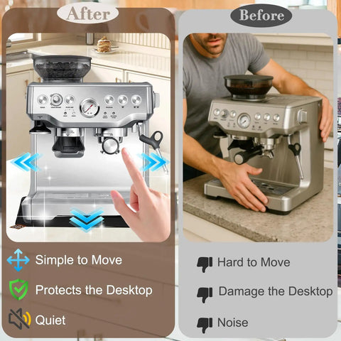 Dual Sided Sliding Mat With Anti Slip Top And Smooth Bottom For 870XL Espresso Machine Includes Hanging Strap Easy To Clean Heavy Duty Countertop Protector Pad For Espresso Accessories showing before and after use.