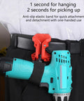 Heavy Duty Drill Belt Clip Hook With Auto Lock Release Mechanism For Cordless Drivers Hammer Drills And Impact Tools attached to a belt with a drill fit.