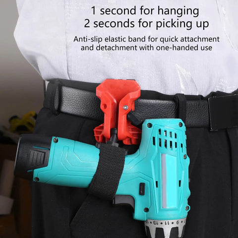 Heavy Duty Drill Belt Clip Hook With Auto Lock Release Mechanism For Cordless Drivers Hammer Drills And Impact Tools attached to a belt with a drill fit.