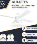 Auletta 52 Inch Outdoor And Indoor Ceiling Fan With Light Pull Chain Dual Mounting Options Slick Dual Finish Blades Reversible Motor White Finish Integrated Light Kit Damp Rated For Outdoor Use Whisper Quiet displayed with features.