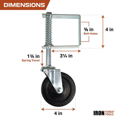 4 Inch Hard Rubber Gate Wheel With 360 Degree Swivel And Spring Loaded Mount For Wooden Gates, Heavy Duty Gate Caster, dimensions labeled
