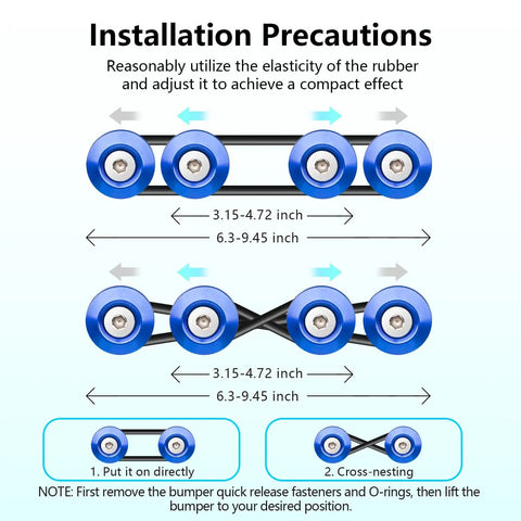 Installation diagram for Heavy Duty Car Bumper Quick Release Kit With Aluminum Alloy Fasteners, showing blue O-rings in use.