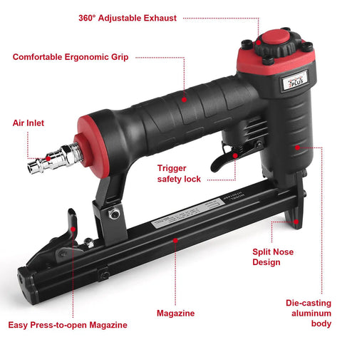 Lightweight Pneumatic 20 Gauge Upholstery Stapler For T50 Staples From One Quarter Inch To Nine Sixteenths Inch with ergonomic grip