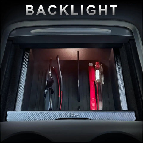Center Console Organizer For Tesla Model Y And Model 3 With Backlit Transparent Lid And Smooth Sliding Tray Carbon Edition