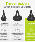 Comparison of three Memory Foam Bike Saddles With Air Ventilation for Men and Women, showing MTB, City, and Touring models.