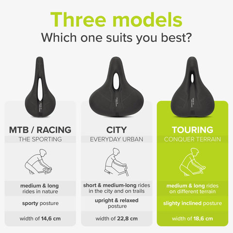 Comparison of three Memory Foam Bike Saddles With Air Ventilation for Men and Women, showing MTB, City, and Touring models.
