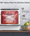 No Sweat Portable Countertop Dishwasher With Slick Wifi App Control, Five Liter Built In Water Tank, Six Fast Wash Cycles, 360 Dual Spray Jets, High Heat Sanitize, Automatic Air Dry, And Deep Clean Mode For Daily Dishes showing 360° spray wash feature.