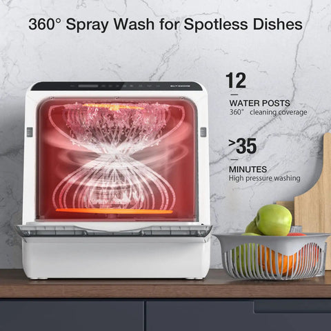 No Sweat Portable Countertop Dishwasher With Slick Wifi App Control, Five Liter Built In Water Tank, Six Fast Wash Cycles, 360 Dual Spray Jets, High Heat Sanitize, Automatic Air Dry, And Deep Clean Mode For Daily Dishes showing 360° spray wash feature.
