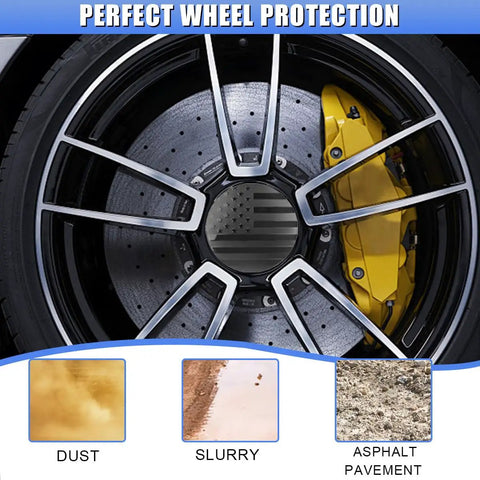 Four Pack American Flag Wheel Hub Center Cap Stickers Waterproof 56mm Universal Auto Exterior Decoration Decals For Car Truck SUV Weatherproof Dustproof Easy Install Black Flag Theme on wheel showing perfect protection against dust, slurry, asphalt.