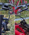 JFOYH HB876 4-piston hydraulic disc brake kit on mountain bike; left-front and right-rear levers with 160mm rotors.