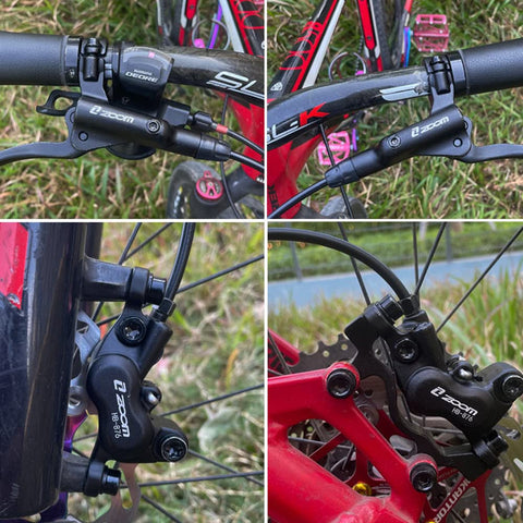 JFOYH HB876 4-piston hydraulic disc brake kit on mountain bike; left-front and right-rear levers with 160mm rotors.
