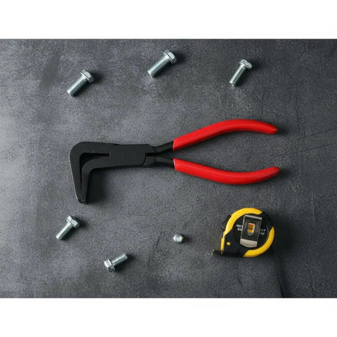 Foldable Edge Pliers For Sheet Metal Angled Seamer With Ergonomic Non Slip Handle on grey surface with bolts and tape measure
