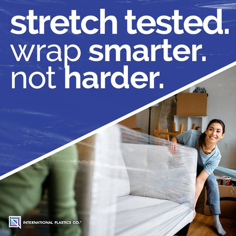 Person using Industrial Strength 18 Inch Stretch Film Wrap Roll Set for Moving and Packing, wrapping couch for protection.