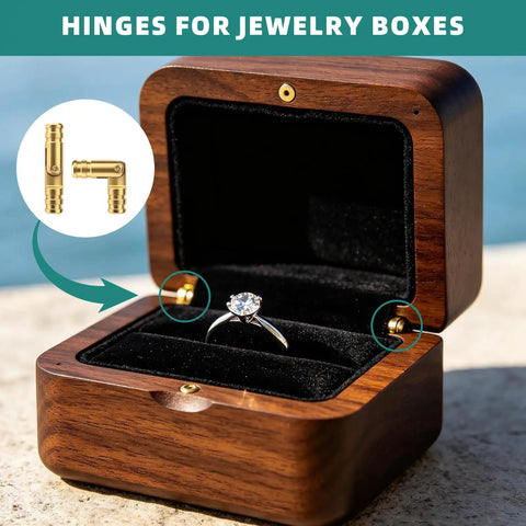 Hidden Brass Barrel Hinges Kit For DIY Jewelry Boxes And Wooden Cabinets, 28 Piece Set displayed in wooden jewelry box