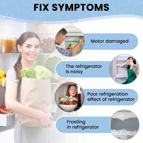 Woman holding groceries with infographics about refrigerator issues like motor damage and frosting, highlighting need for DIY Friendly Easy Install Refrigerator Evaporator Fan Motor 3000 RPM Hex Hub Mount One And Three Eighths Inch Shaft With Two Quarter Inch Terminals And One Sixteenth Inch Terminal Replaces W10131845 W10312647 2149299 2162404 2188303 4389144VP 921541 replacement.