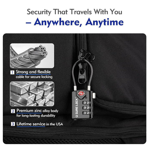 TSA Approved Beefy Luggage Locks With Open Alert Indicator on suitcase, showcasing 3 Digit Combination Cable, Black, close-up