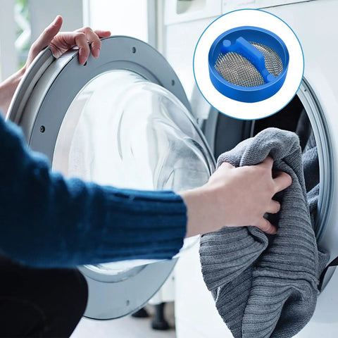 Person loading laundry with Washing Machine Water Filter Kit Inline For Inlet Valve Debris Guard With Screen Filter Hose Washer