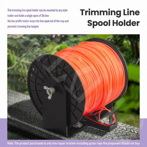 Built Tough Stainless Steel Weedeater Trim Line Spool Holder Rack With Hardware adjustable bracket securing a 3 lb spool of orange trimmer line.