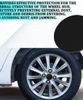 Rock Solid Heavy Duty Car Wheel Center Caps 4 Pack 60mm Outer 56mm Inner Premium ABS Chrome Plated Auto Hubcaps, installed on a wheel.
