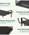 Features of Coffee Mug Organizer Rack For Countertop, 2 Tier Mug Stand With 12 Hooks, durable material, handle, sturdy hooks, black color.